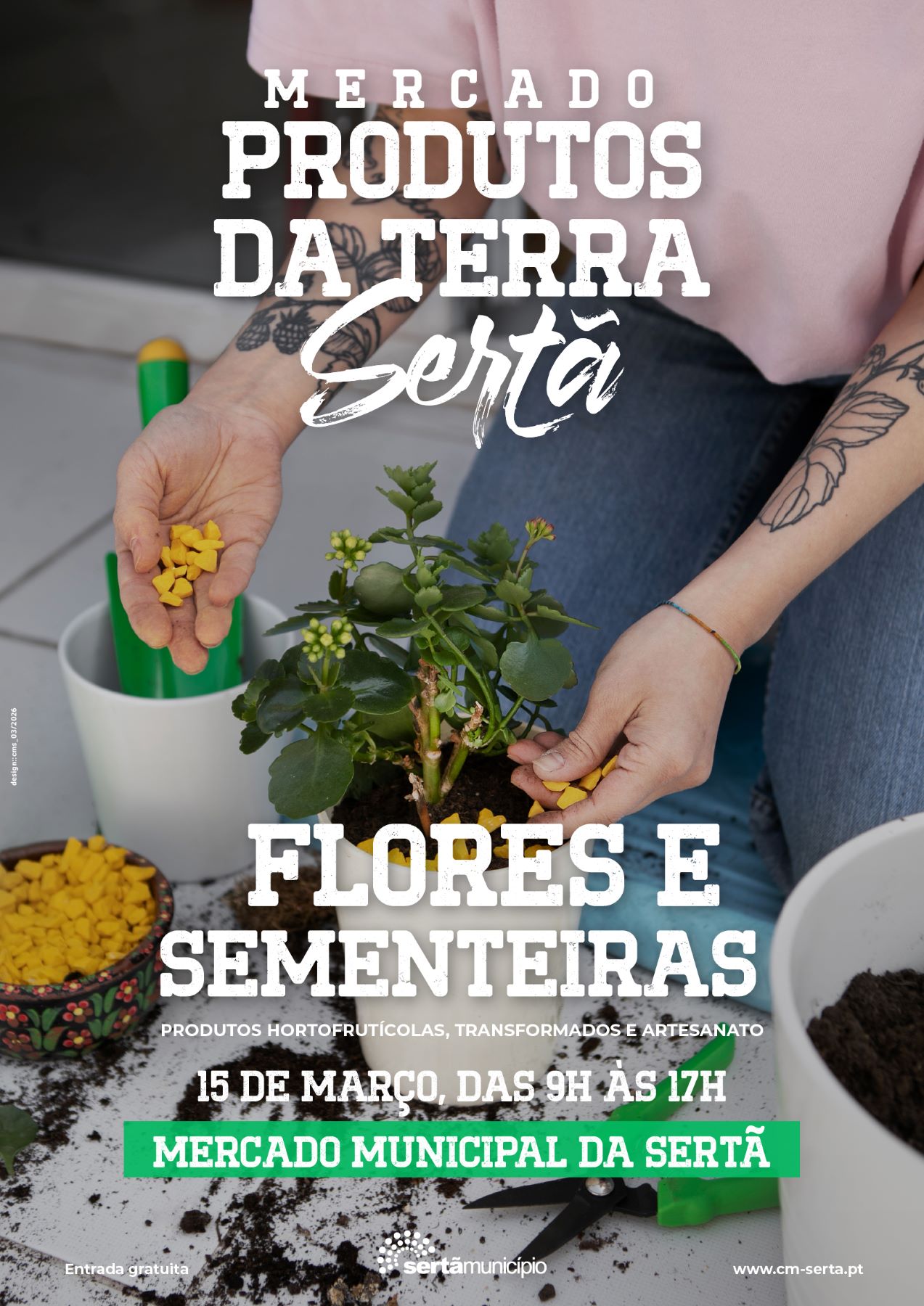 Mercado Produtos da Terra na Sertã - cartaz alusivo à edição de março dedicada às flores e sementeiras